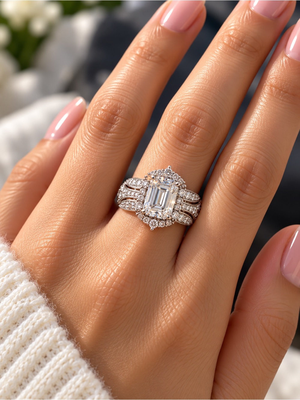 3 CT Emerald Cut Moissanite White Gold Plated Adjustable Ring – GRA